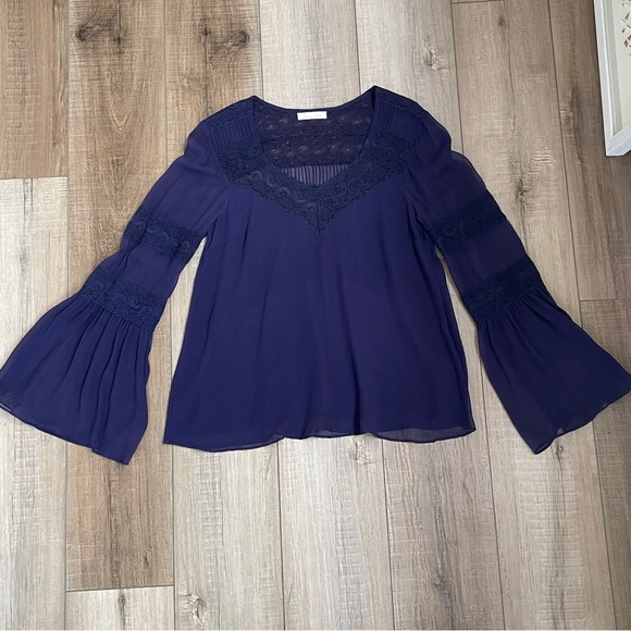 LOVE SAM Anthropologie Silk Blouse Sheer Long sleeve Boho Top  | Small - Purple - Picture 2 of 10